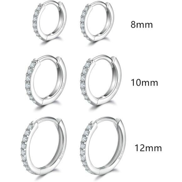 Sterling Silver Hoop Stud Earrings Set 6 Pairs CZ Hypoallergenic Cartilage - Picture 2 of 7